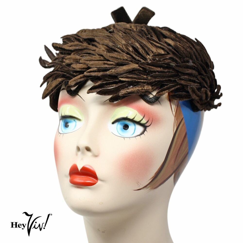 Vintage 50s 60s Brown Velvet Cocktail Hat w Cutout Leaf Shapes on Frame -Hey Viv